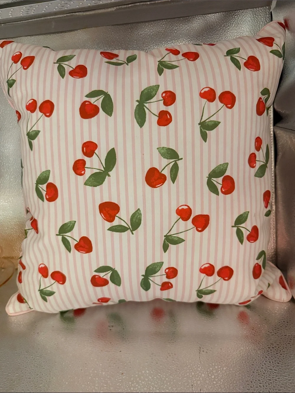 Spoon flower Cherry Print and Pink and white checkered on the Back